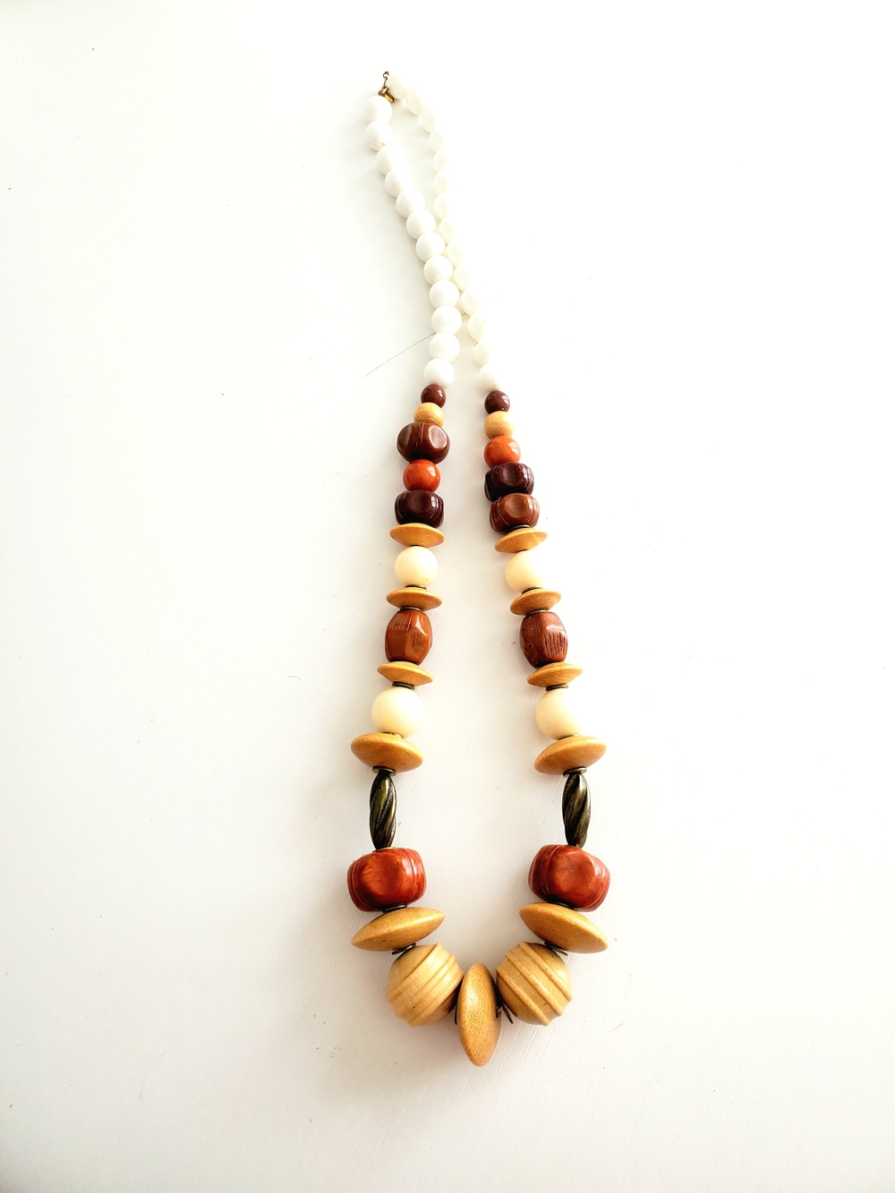 Handcrafted Multicolor Wooden Bead Necklace - White, Brown & Tan